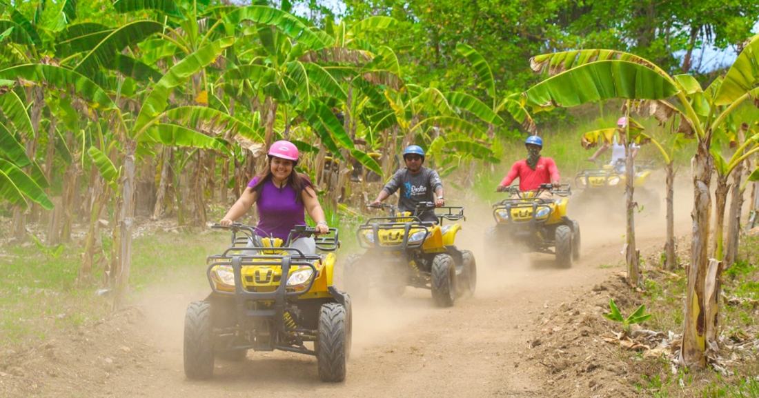 Convoy of ATV quads riding through a plantation trail