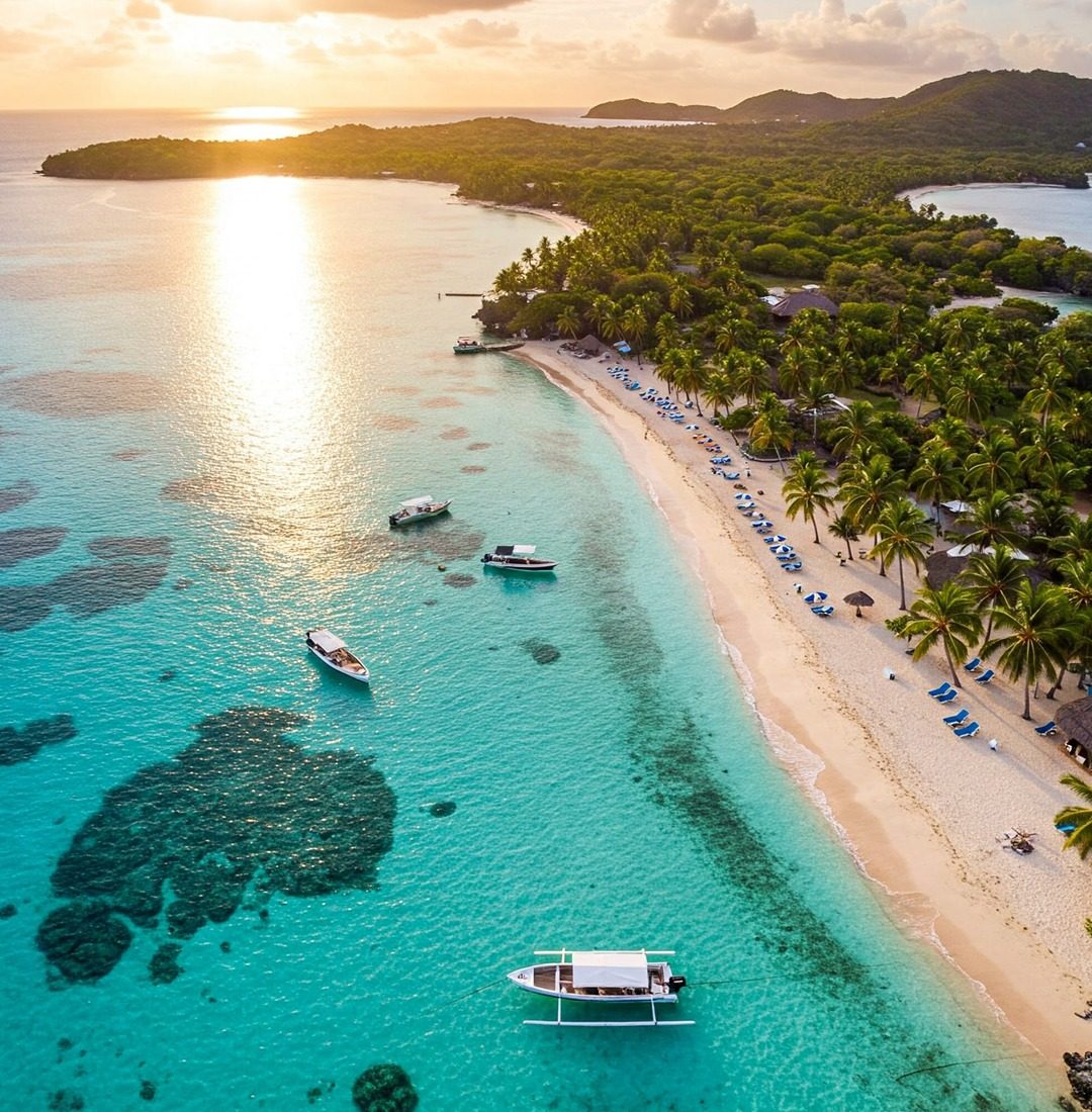Sunset over a palm-lined beach in Punta Cana, Dominican Republic